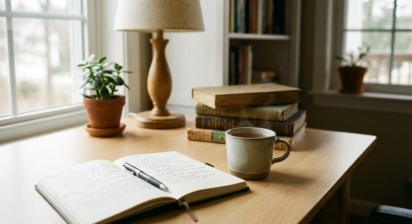 Уютное рабочее место для самообучения с блокнотом и тёплым напитком