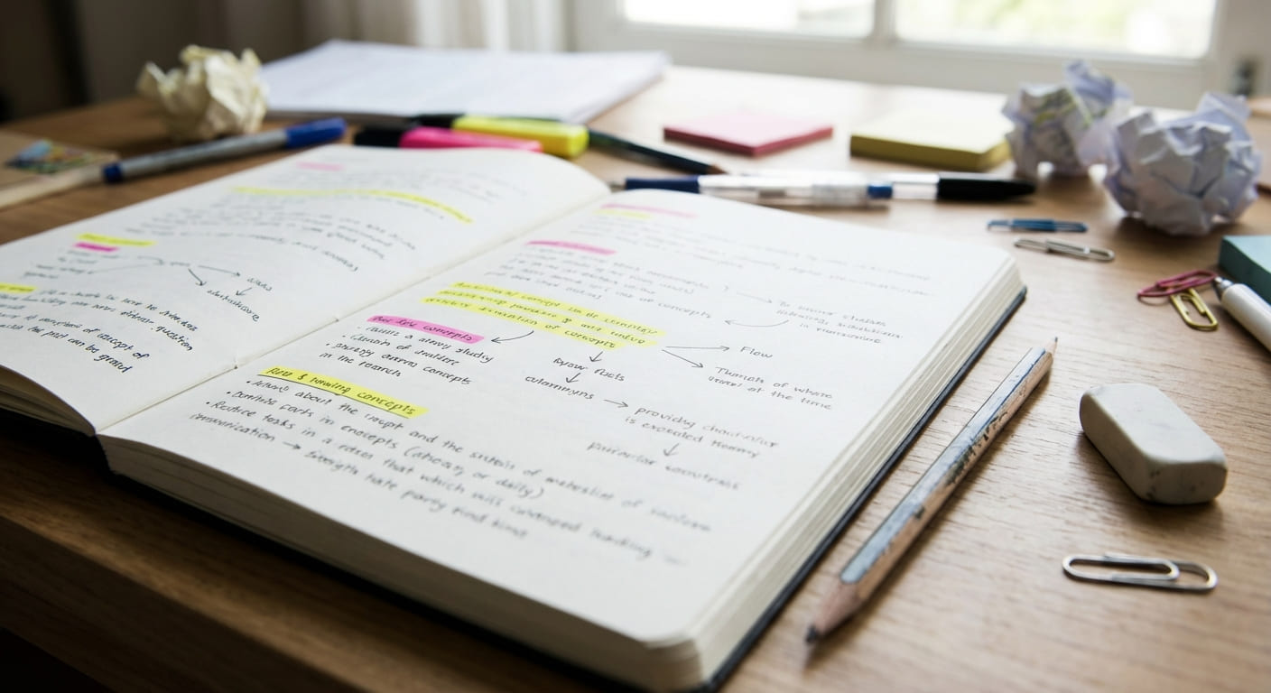 Конспект с выделенными ключевыми идеями и схемами