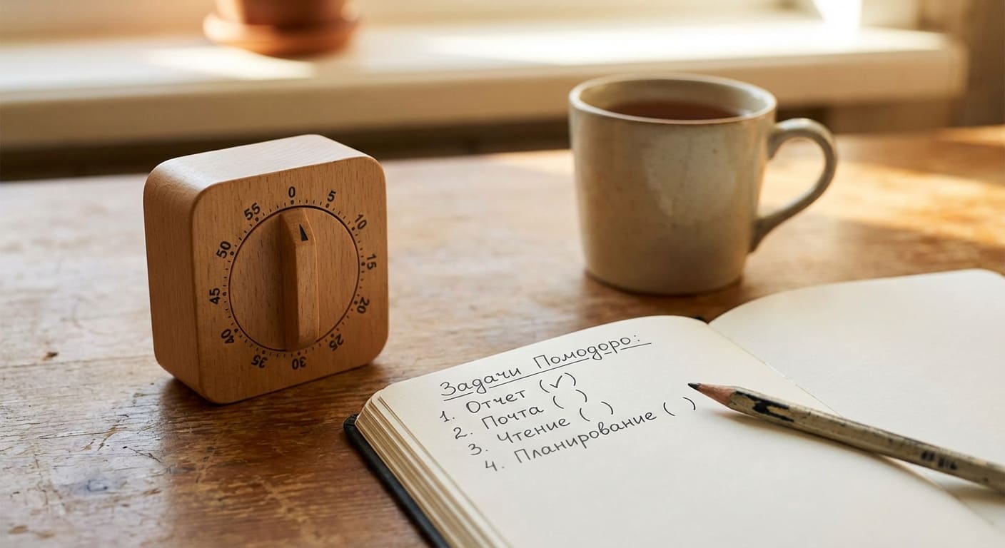 Таймер и блокнот для отслеживания интервалов работы по методу Помодоро