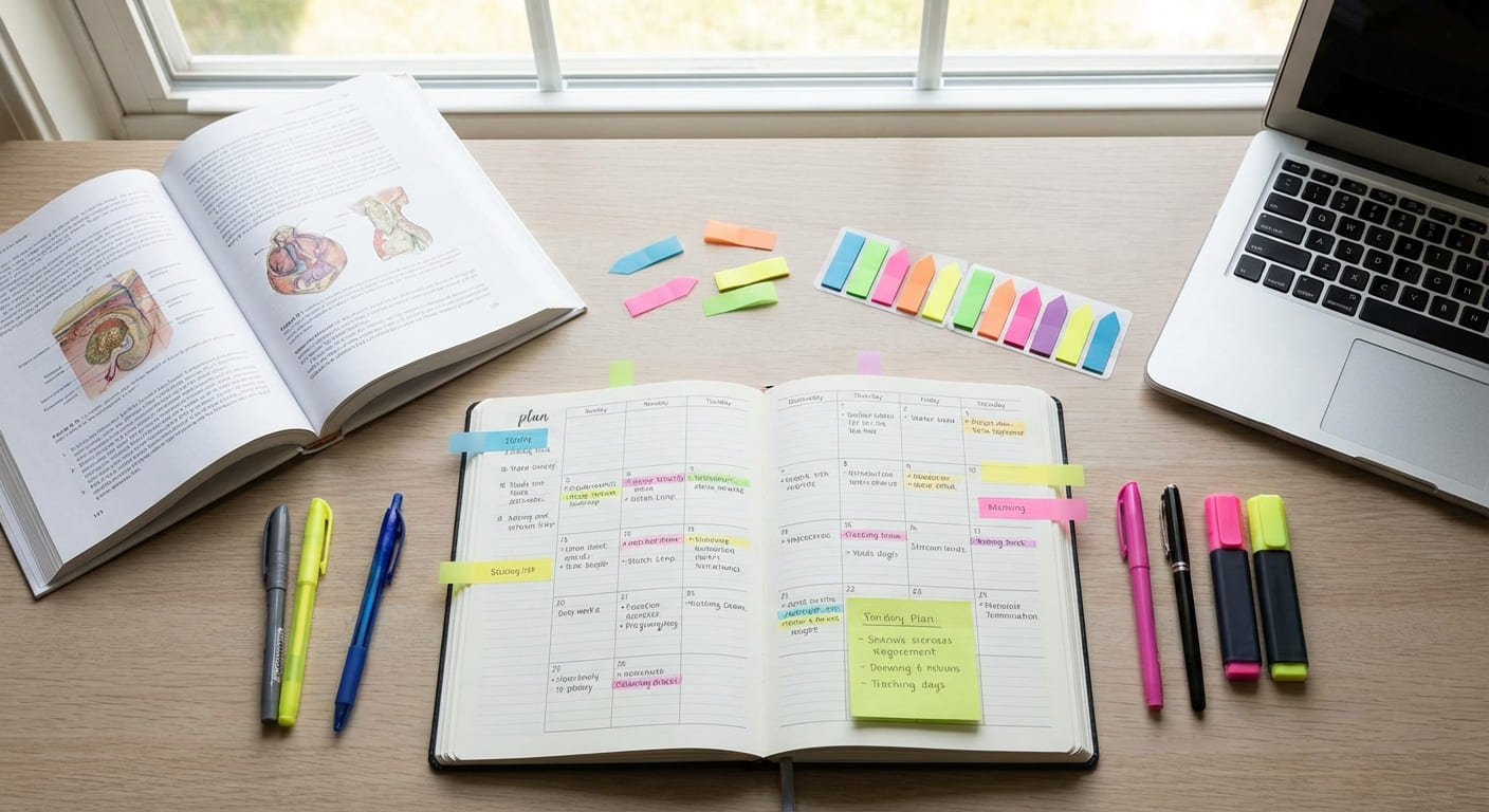 Организованное рабочее пространство с учебными материалами и планировщиком