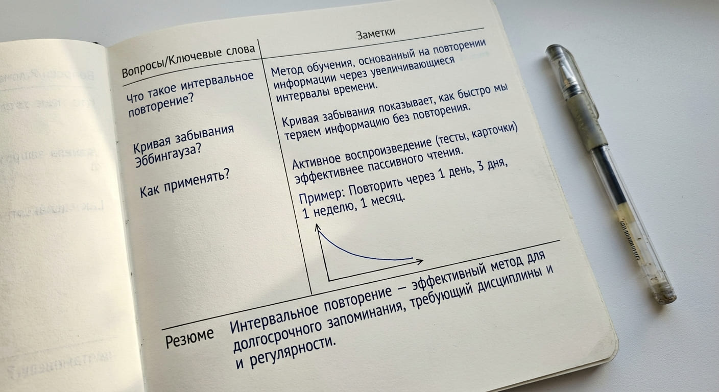 Пример конспекта в формате Cornell Notes с разделами для заметок и вопросов