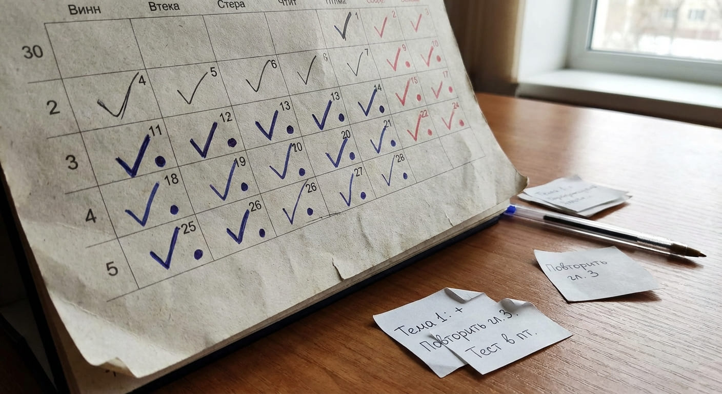 Календарь с отметками прогресса изучения темы по неделям