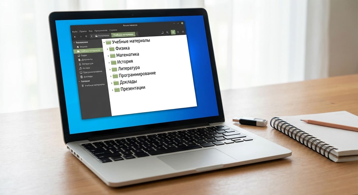 Организованная система папок с учебными материалами на экране компьютера