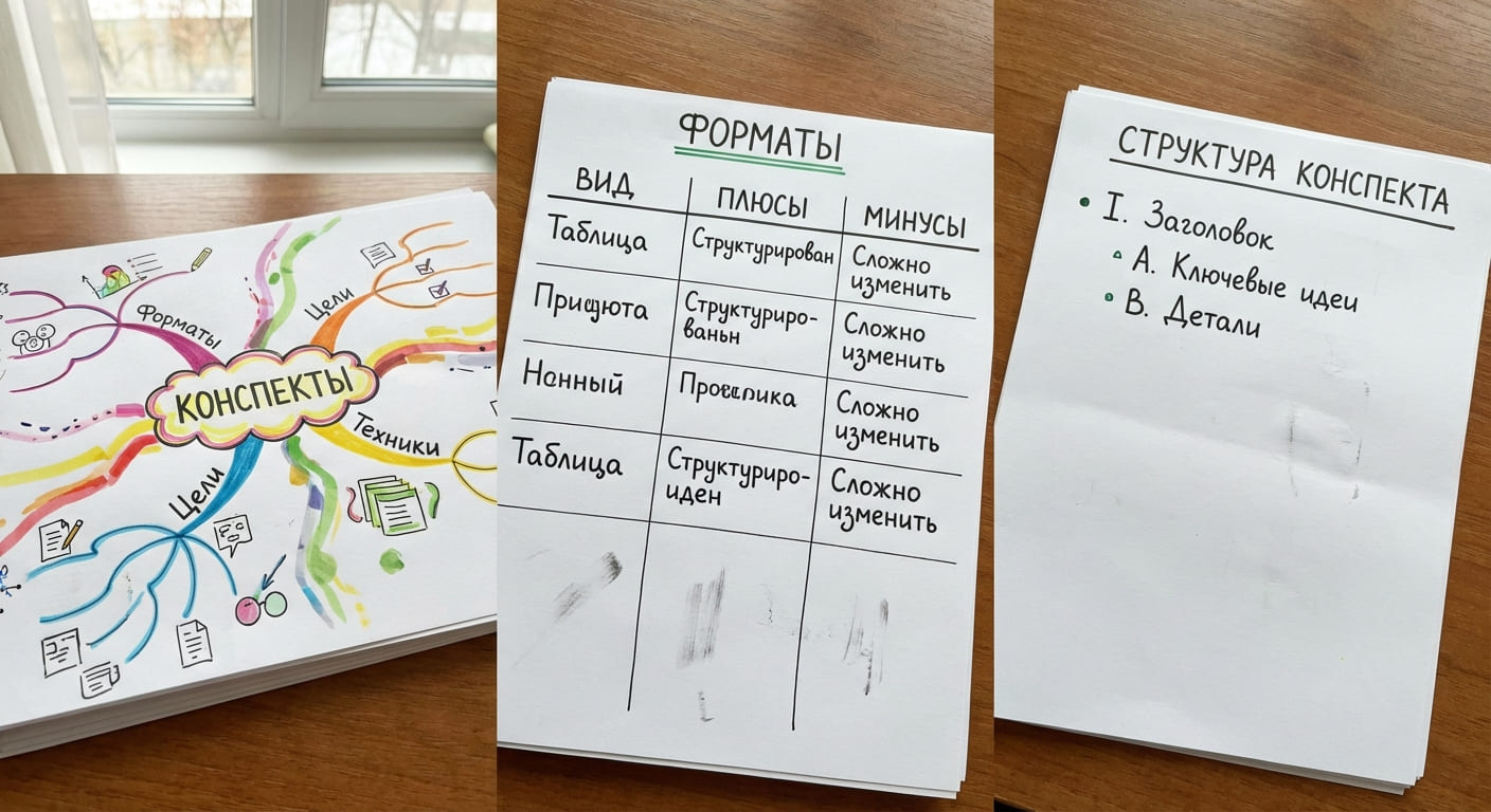 Примеры разных форматов конспектов: mind map, таблица, иерархический список