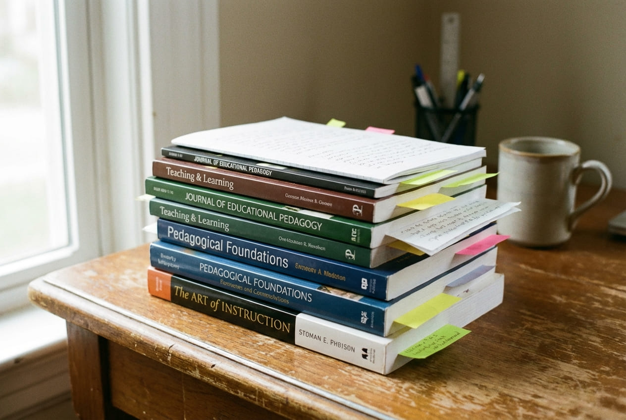Стопка академических публикаций и учебных материалов по педагогике