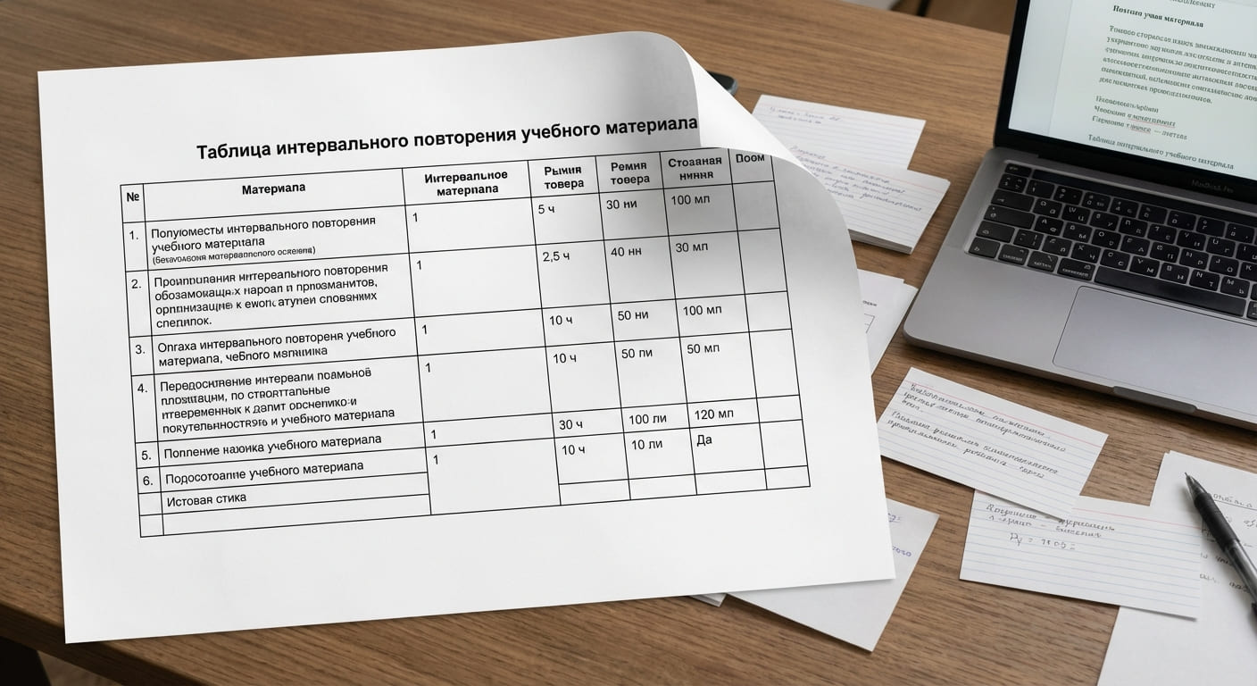 Таблица интервального повторения учебного материала с временными промежутками